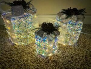 NEW 3 Piece Set Iridescent Christmas Present Gifts Boxes Light Up Holiday Decor
